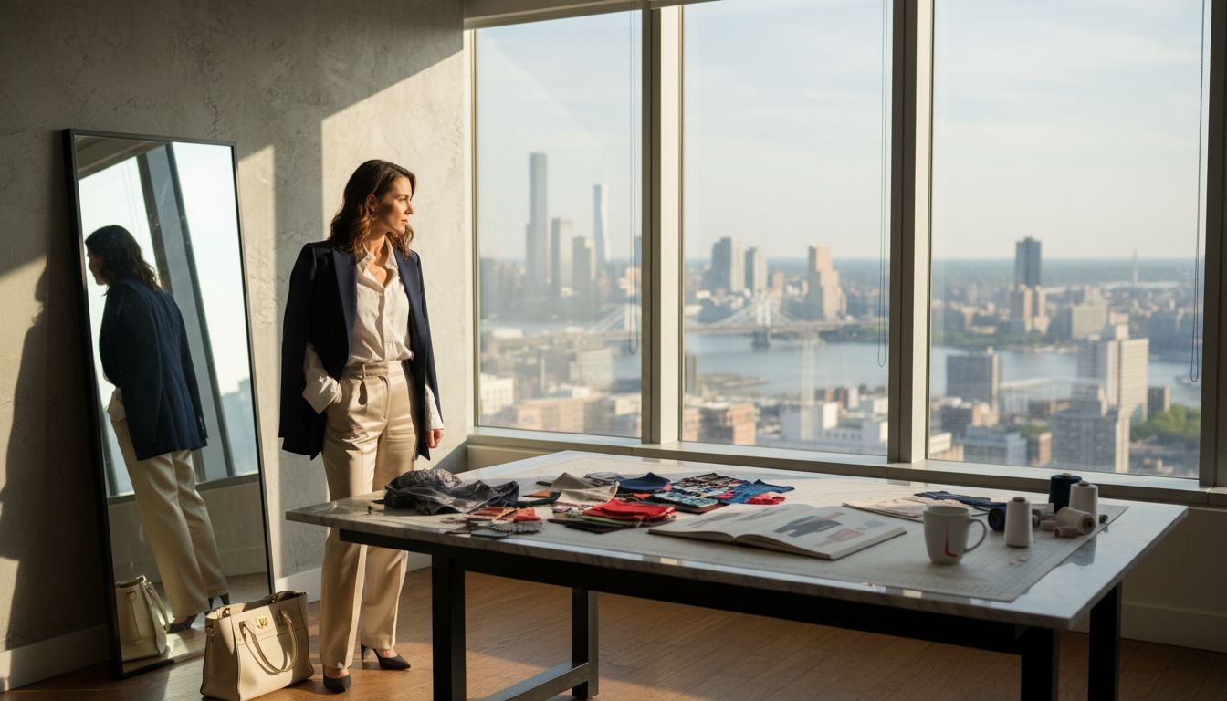 Woman styling designer clothes in office
