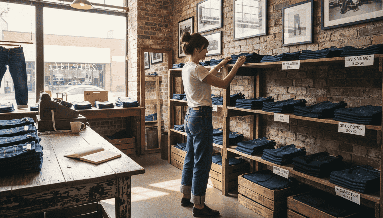 Boutique employee arranges premium denim display