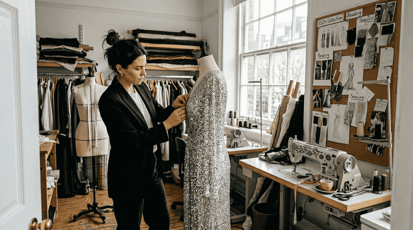 Fashion designer adjusts gown in bright studio