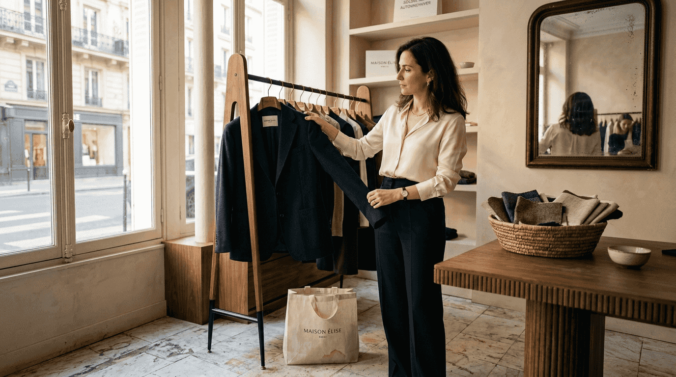 Luxury shopper browsing conscious boutique rack