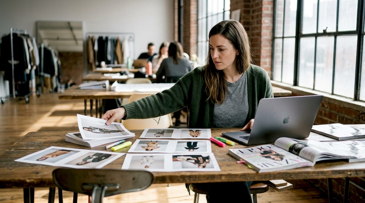 Fashion editor selecting images in studio workspace