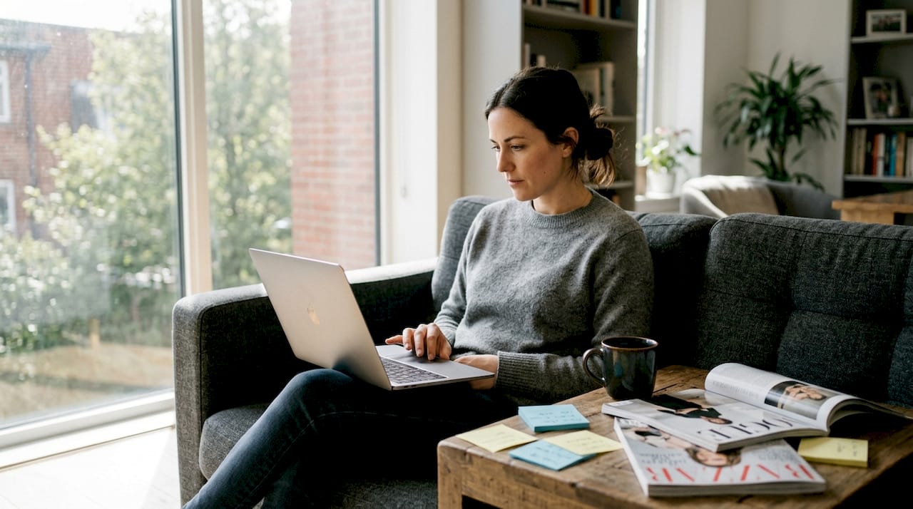 Woman exploring pre-order fashion on laptop