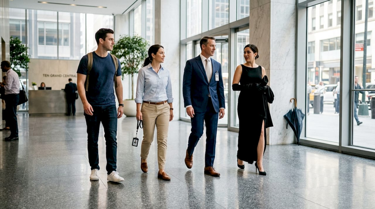 Group in four distinct dress code styles