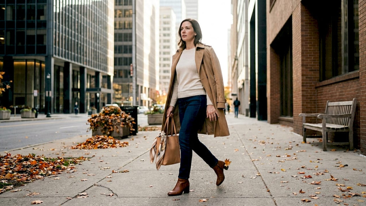 Woman in layered fashion walking downtown