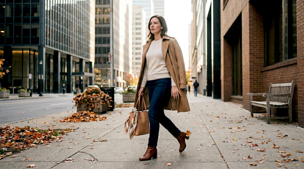 Woman in layered fashion walking downtown