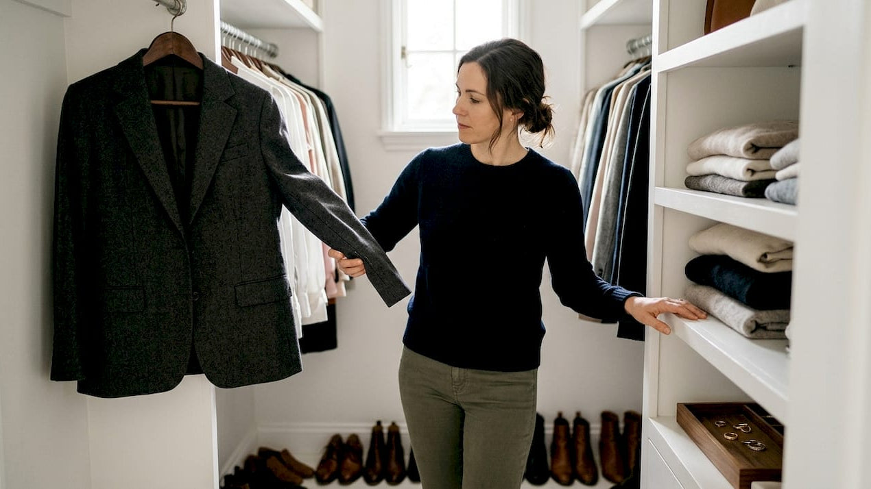 Woman inspecting blazer in home wardrobe