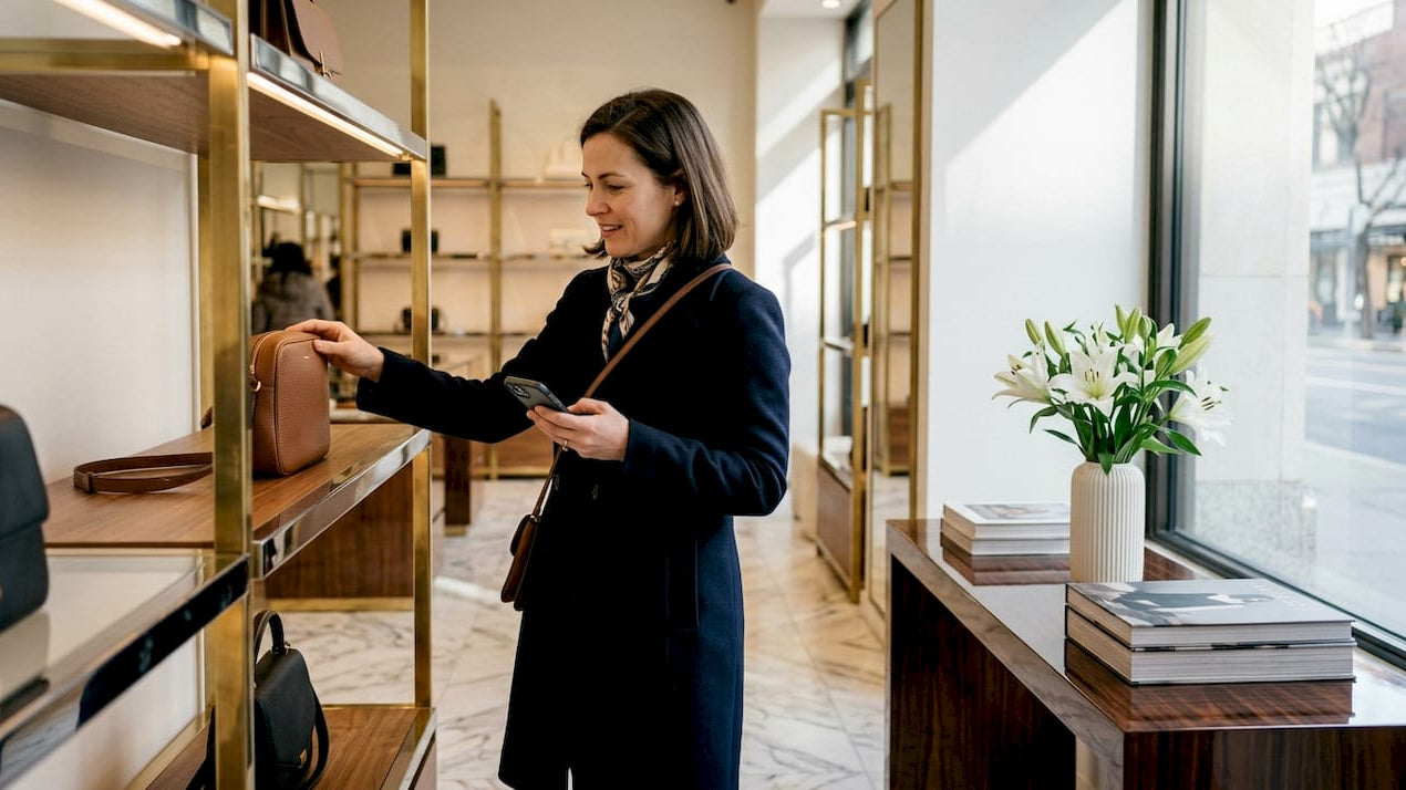 Woman browsing luxury handbags in boutique