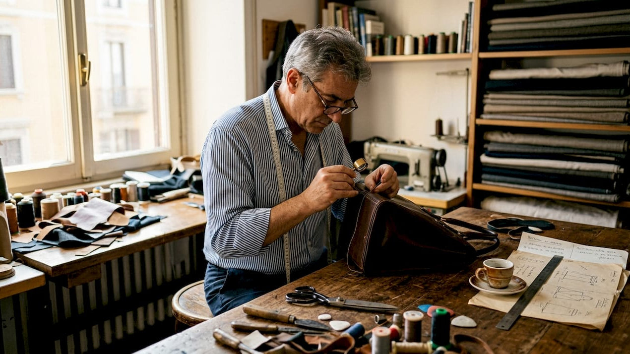 Italian tailor inspecting handcrafted leather handbag