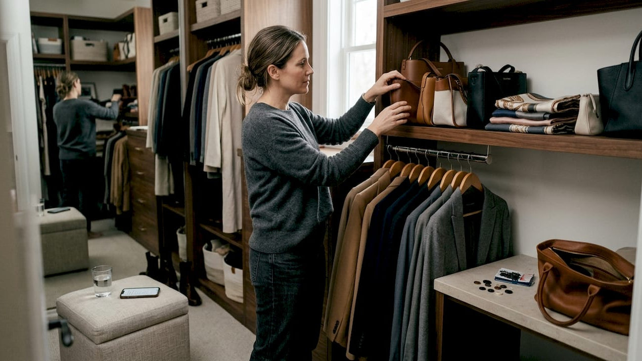 Woman organizing designer accessories in closet