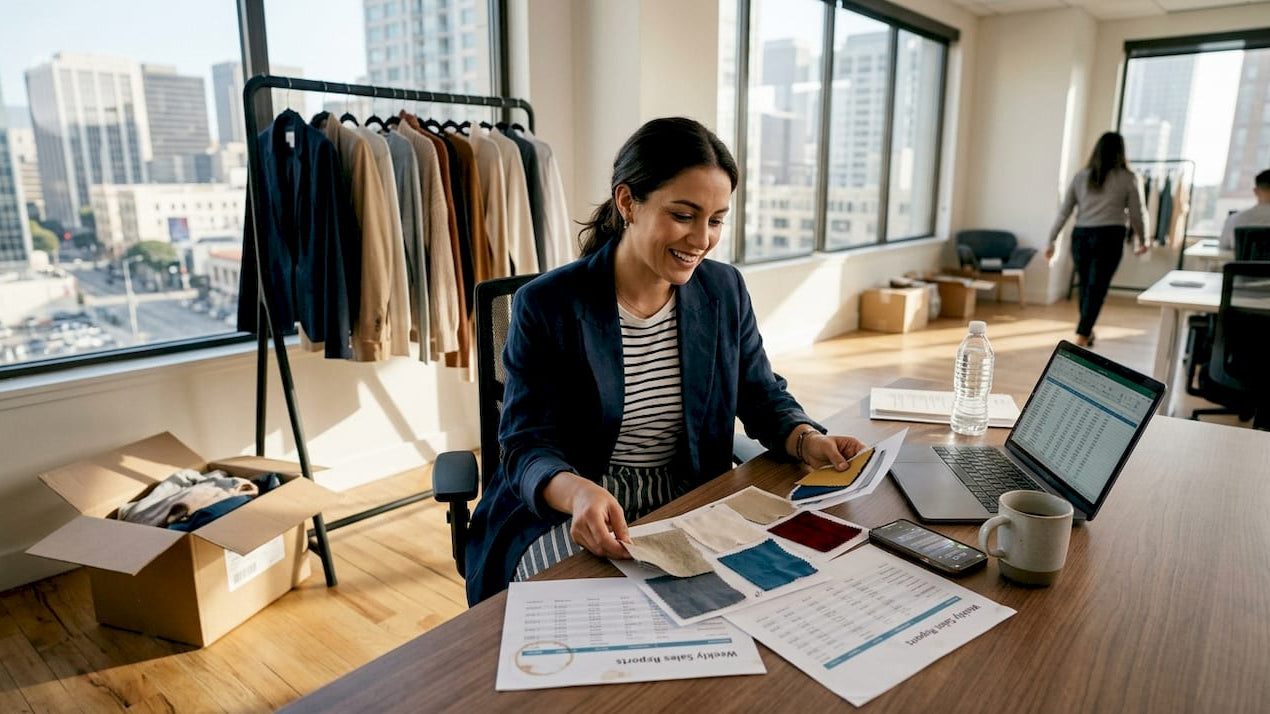 Fashion merchandiser reviewing swatches and sales reports