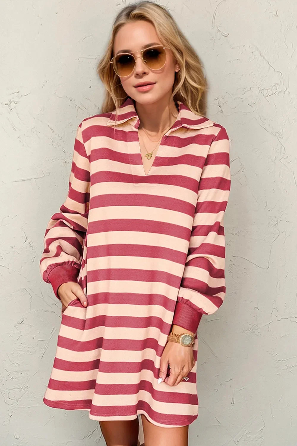 Double Take Full Size Striped Contrast Collared Neck Long Sleeve Dress.