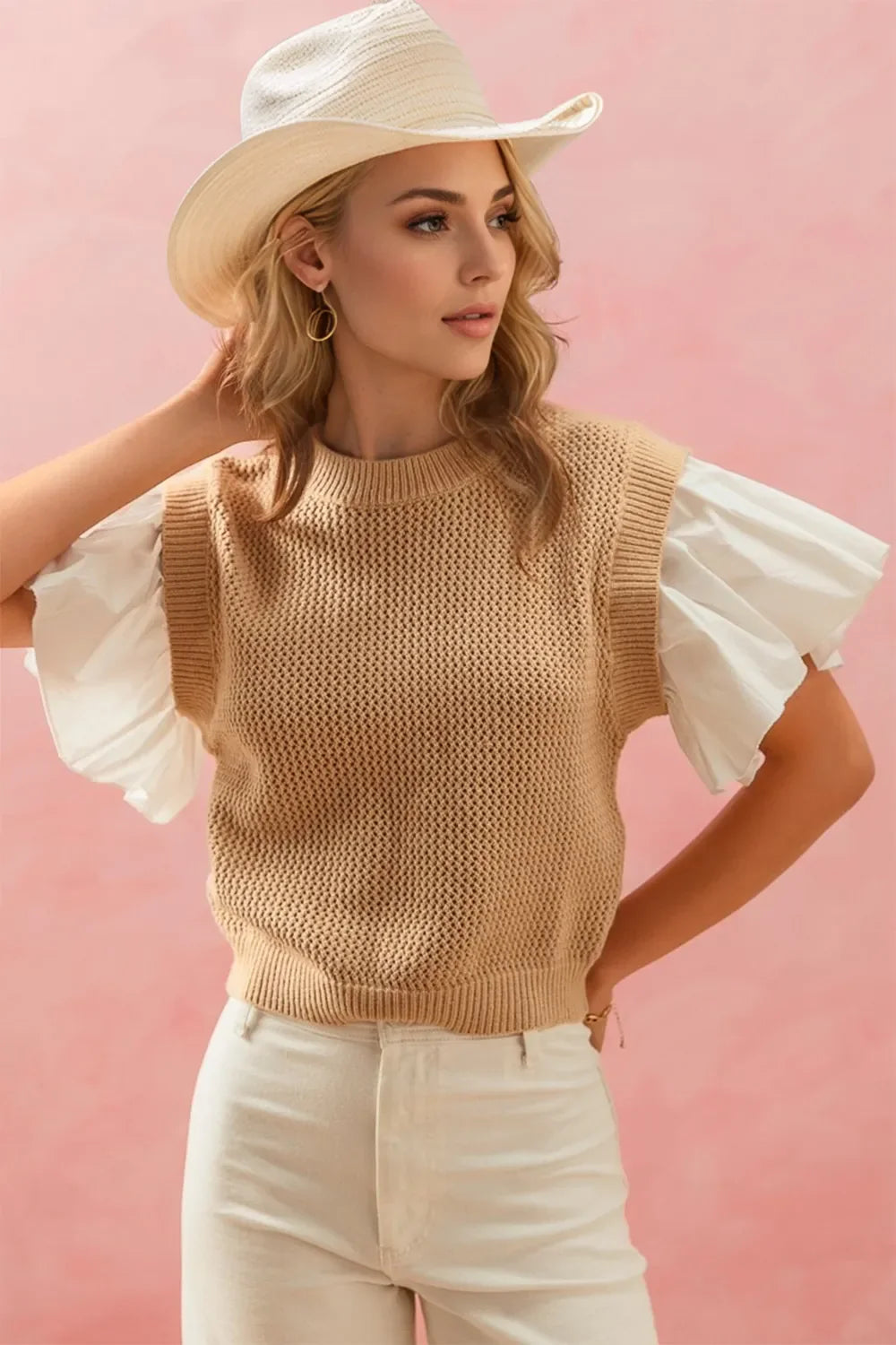 Oh Full Size Ruffled Round Neck Short Sleeve Sweater.