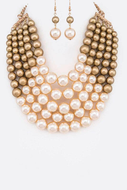 2 Tone Layered Pearls Strand Statement Necklace.