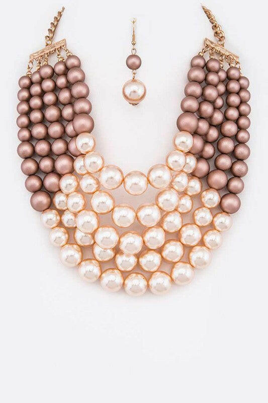 2 Tone Layered Pearls Strand Statement Necklace.