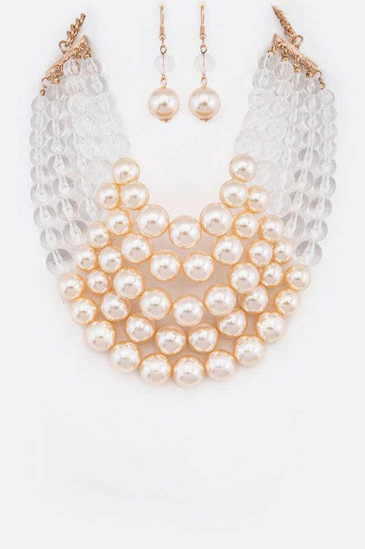2 Tone Layered Pearls Strand Statement Necklace.