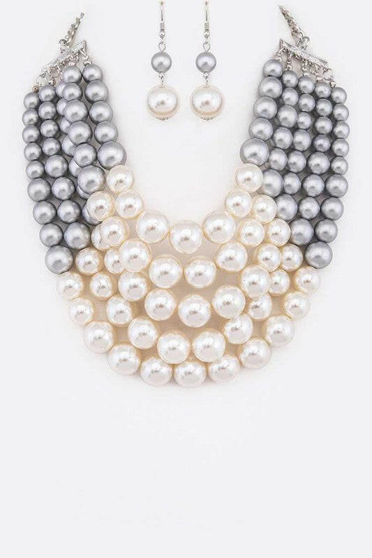 2 Tone Layered Pearls Strand Statement Necklace.