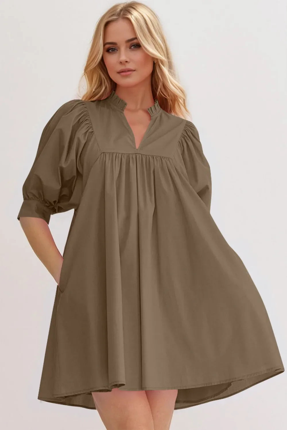 Oh Frill Notched Puff Sleeve Babydoll Mini Dress.