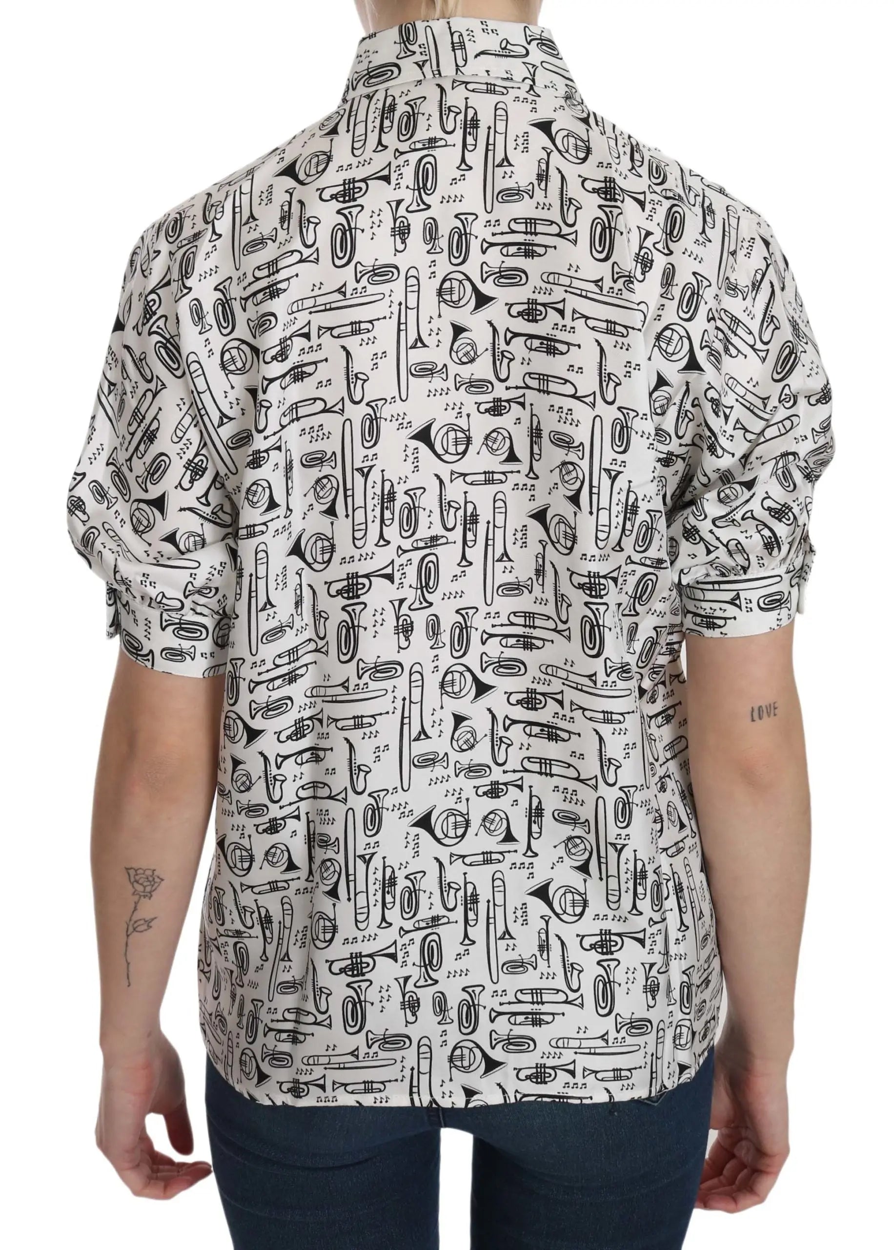Dolce & Gabbana Musical Instrument Print Silk Collared Top Dolce & Gabbana