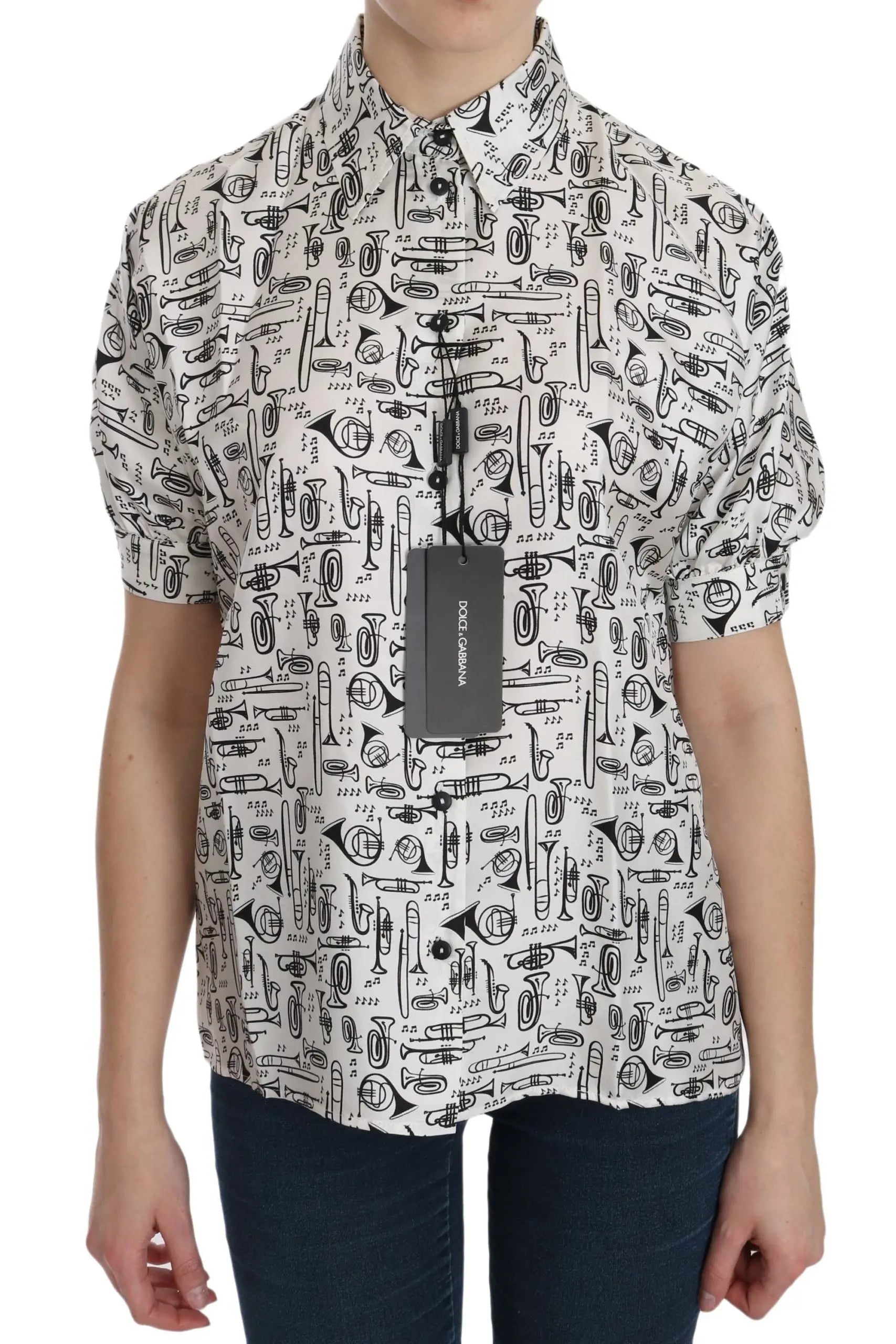 Dolce & Gabbana Musical Instrument Print Silk Collared Top Dolce & Gabbana