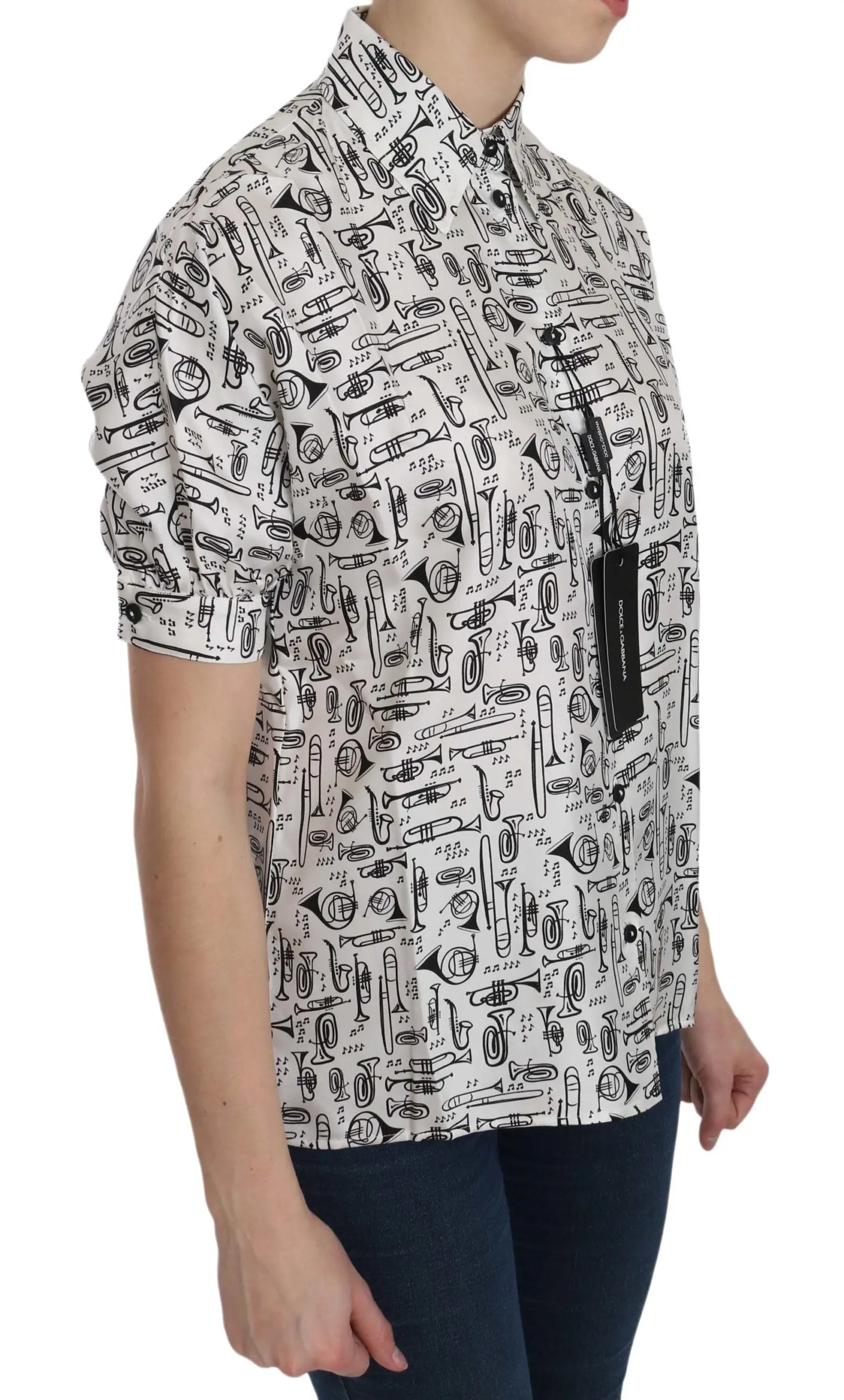 Dolce & Gabbana Musical Instrument Print Silk Collared Top Dolce & Gabbana