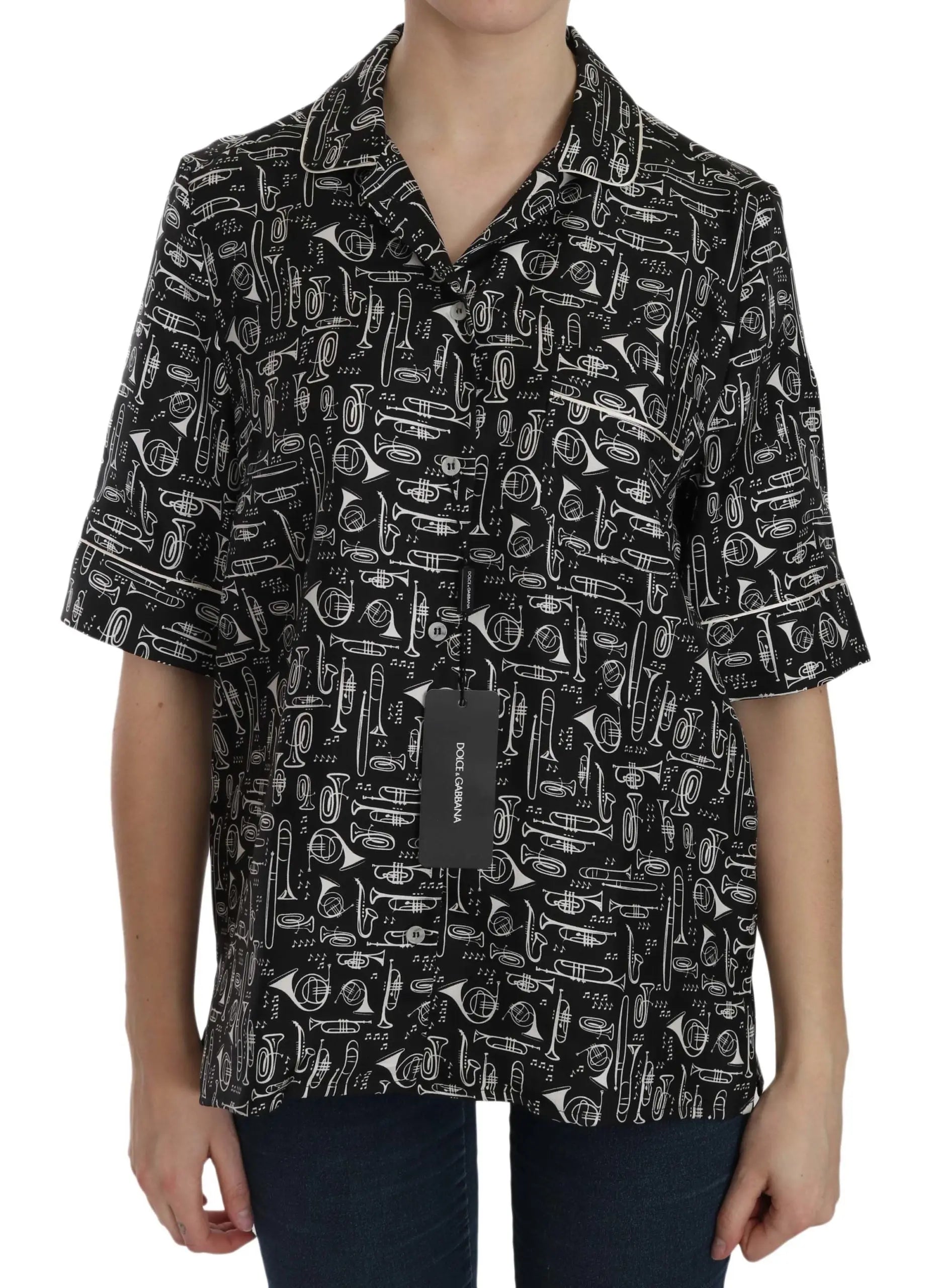 Dolce & Gabbana Musical Instrument Silk Collared Top Dolce & Gabbana
