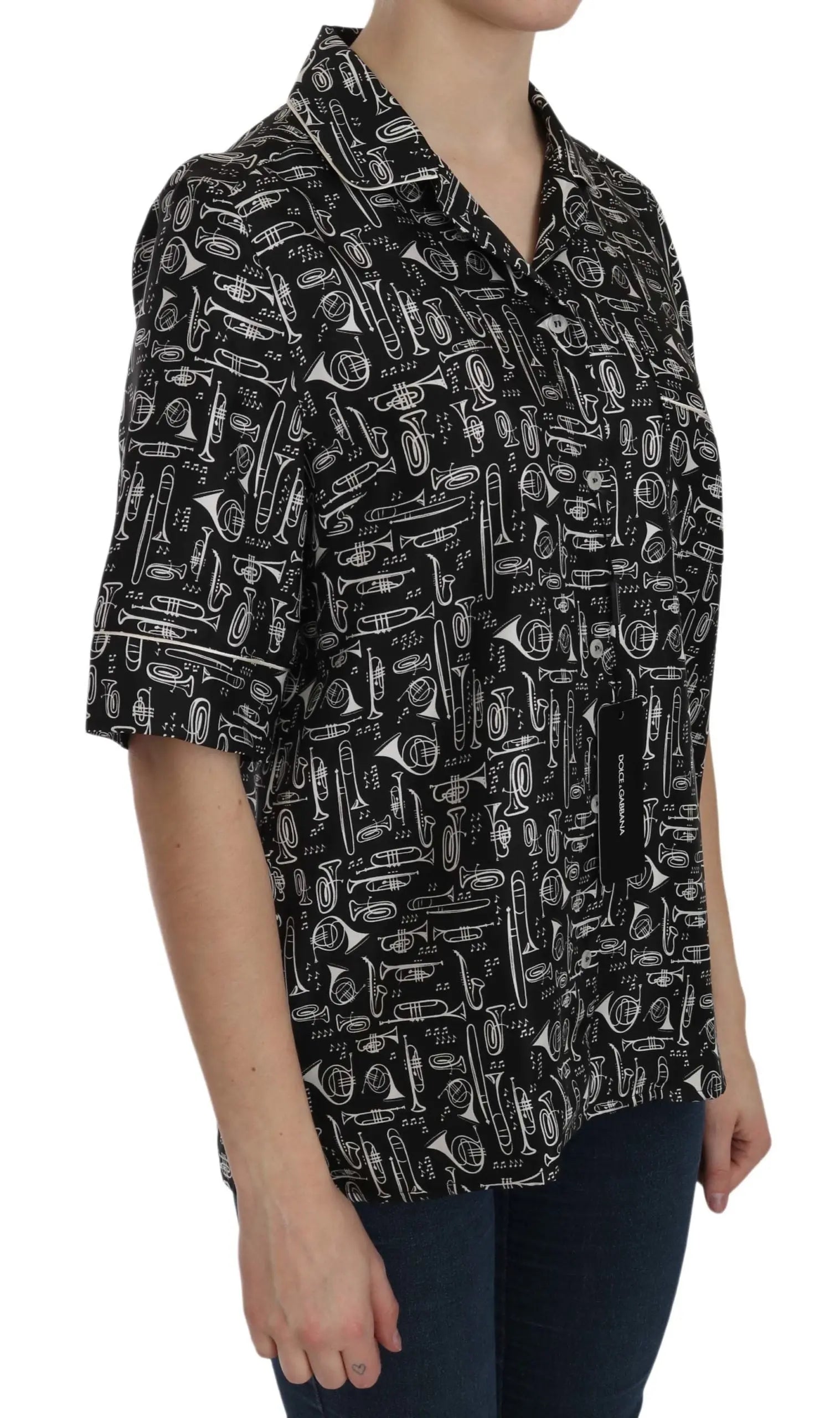 Dolce & Gabbana Musical Instrument Silk Collared Top Dolce & Gabbana
