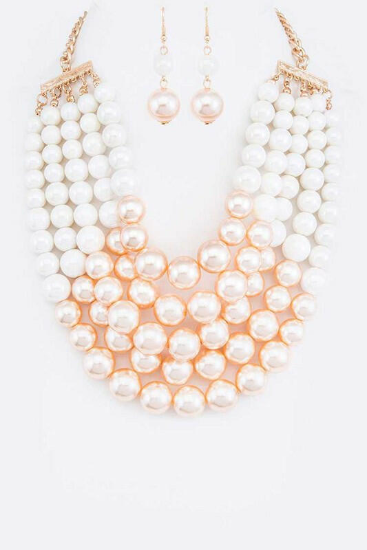 2 Tone Layered Pearls Strand Statement Necklace.