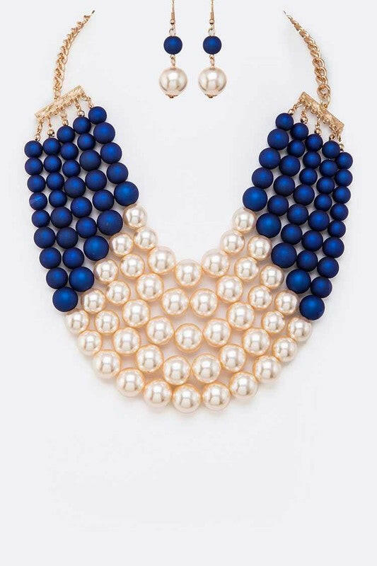 2 Tone Layered Pearls Strand Statement Necklace.