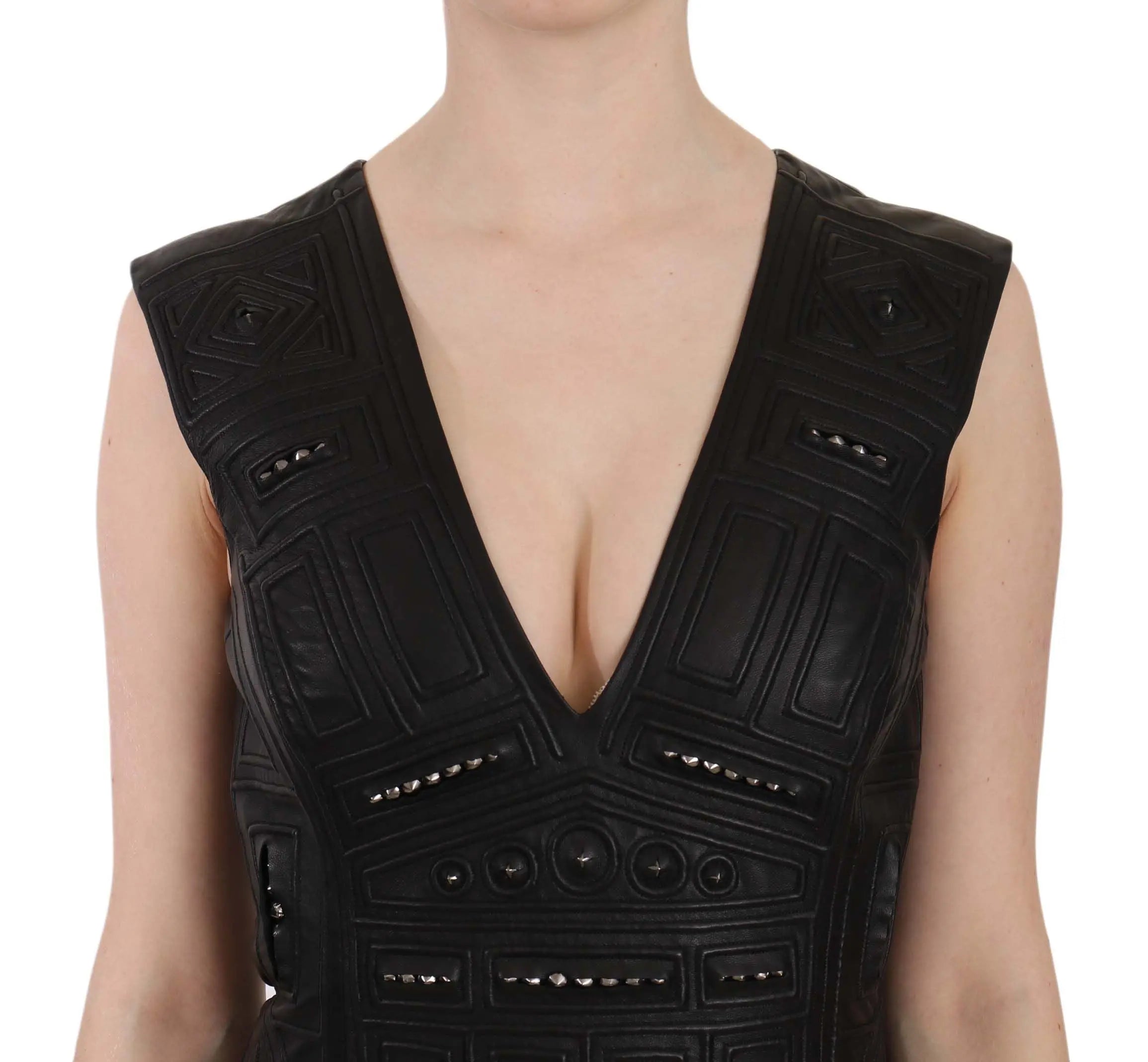 John Richmond Studded Black Leather Mini Sheath Dress John Richmond