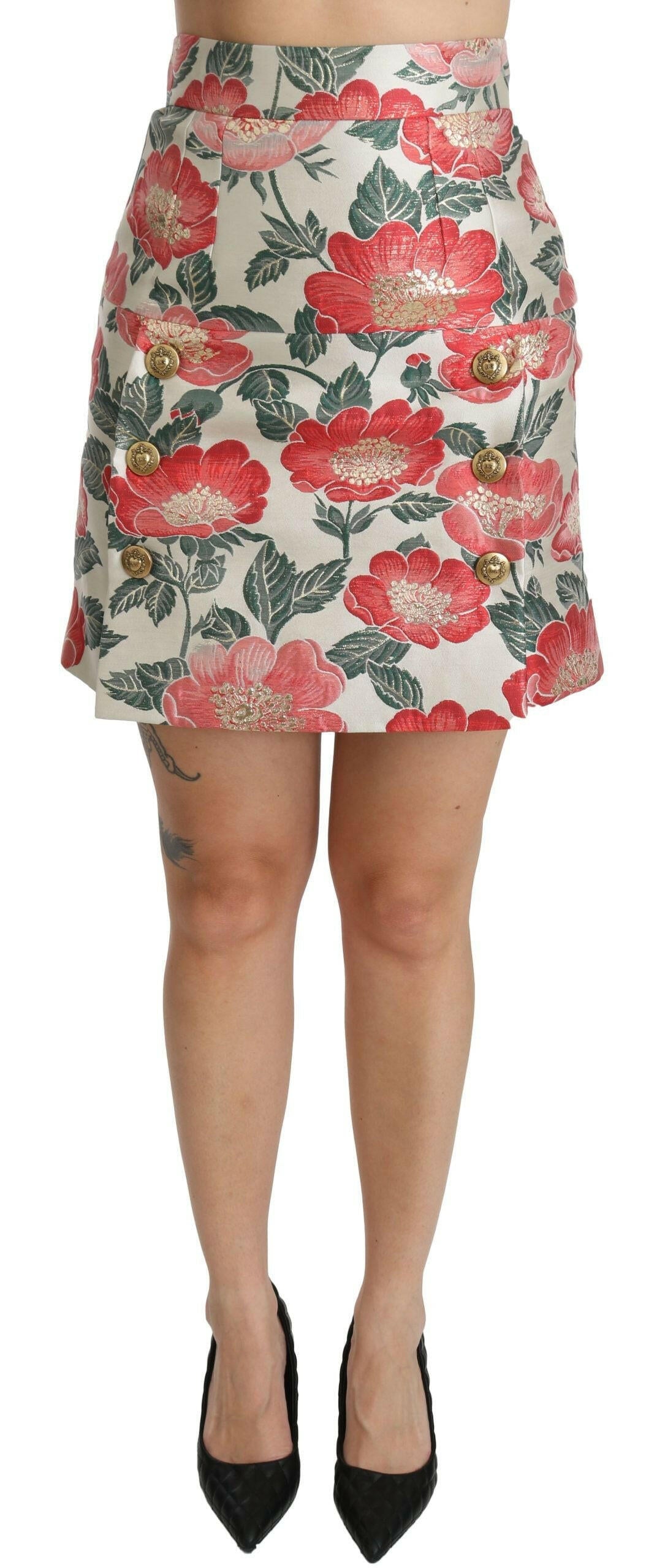 Dolce & Gabbana White Green Red Floral High Waist Mini Skirt.