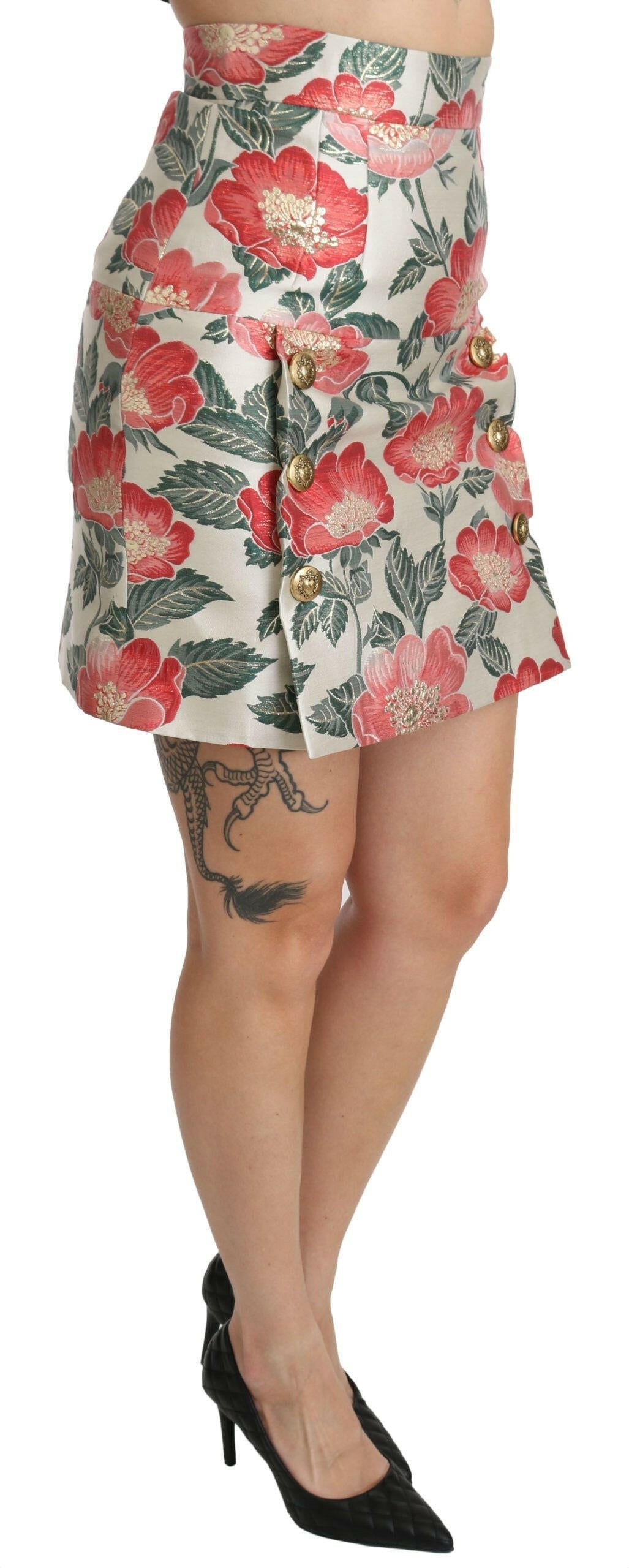 Dolce & Gabbana White Green Red Floral High Waist Mini Skirt.