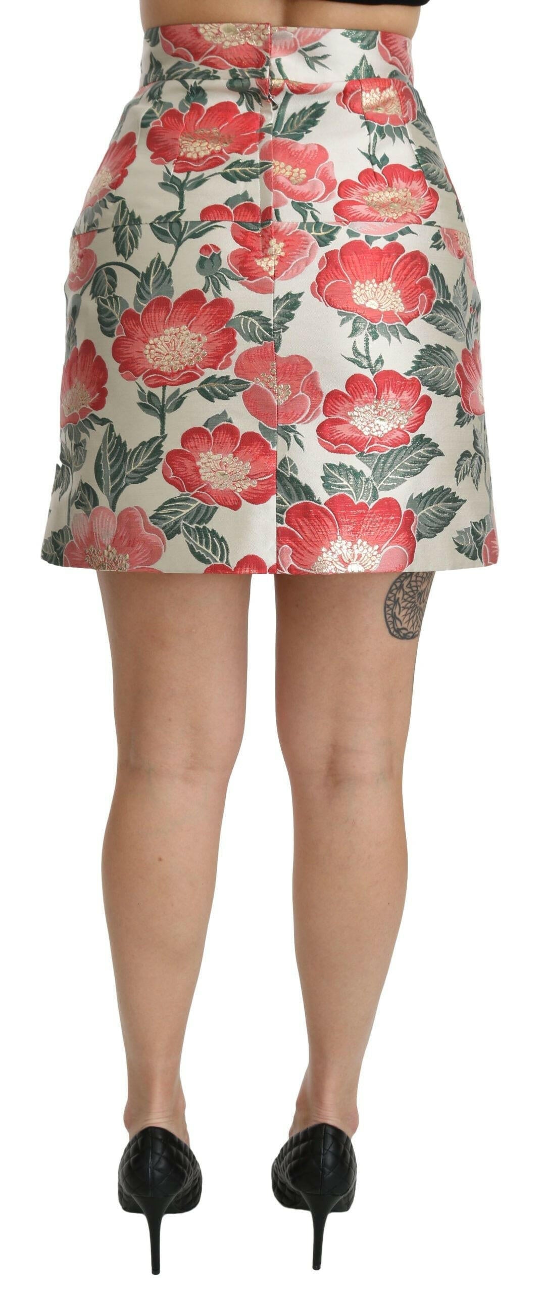Dolce & Gabbana White Green Red Floral High Waist Mini Skirt.