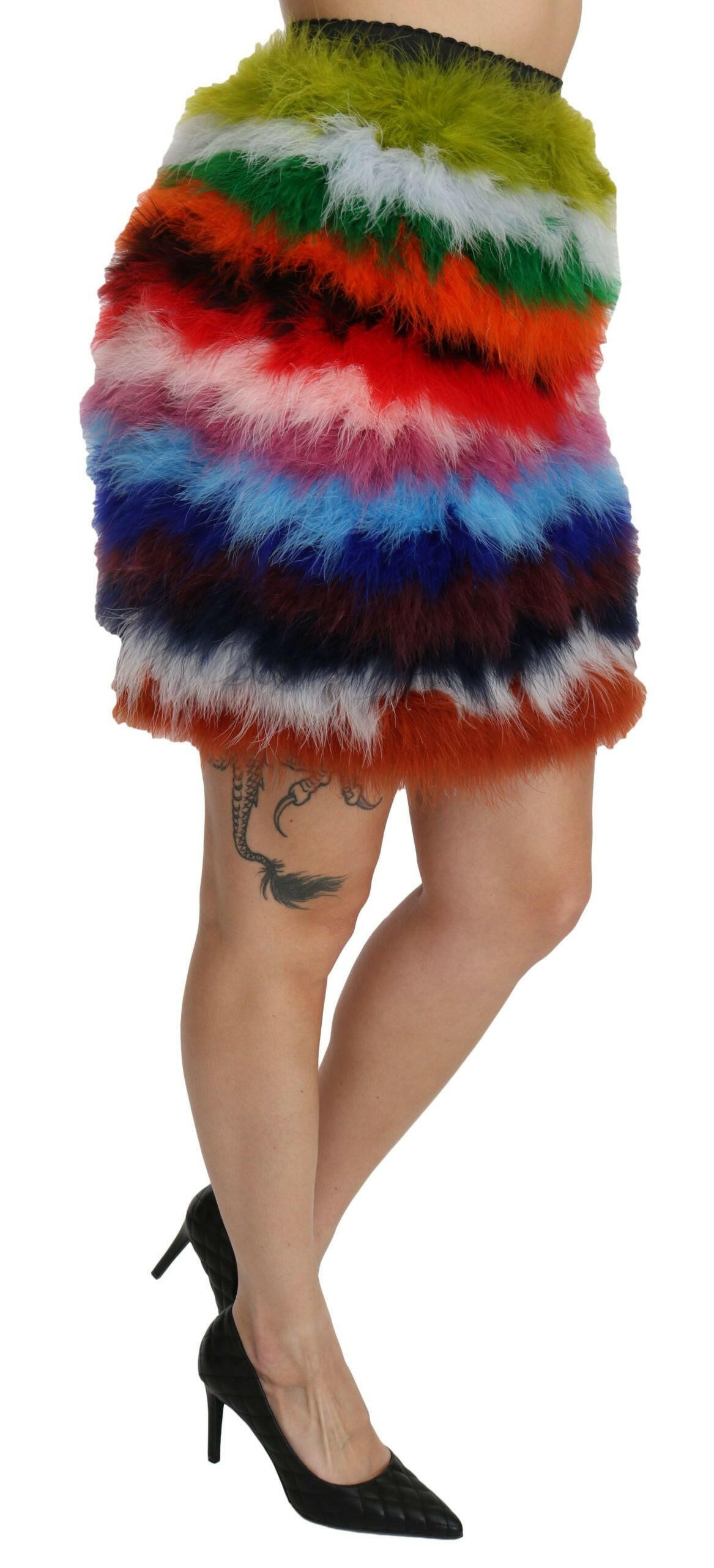 Dolce & Gabbana Red Blue High Waist Mini Feather Skirt.