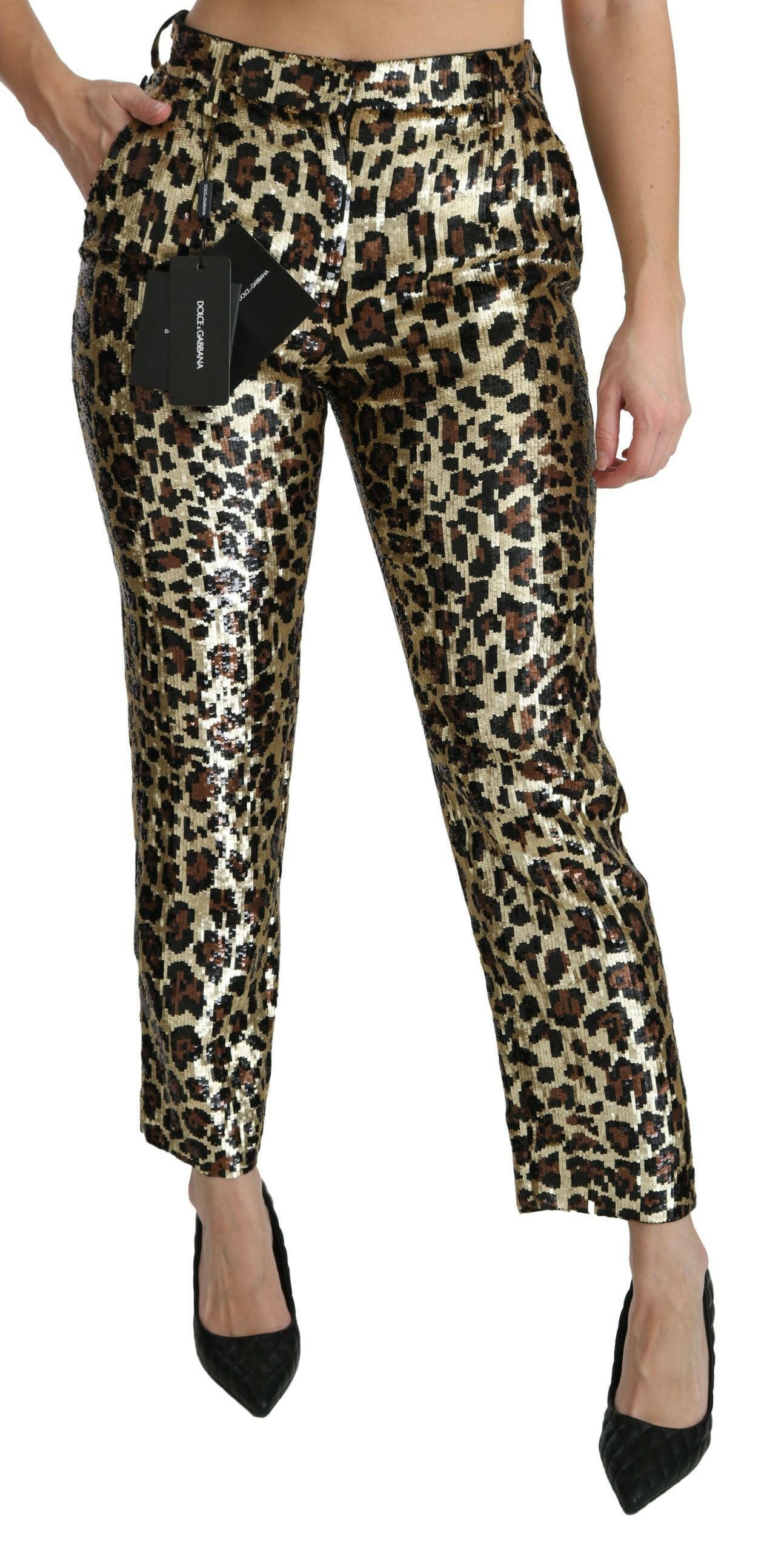 Dolce & Gabbana Brown Leopard Sequined High Waist Pants.
