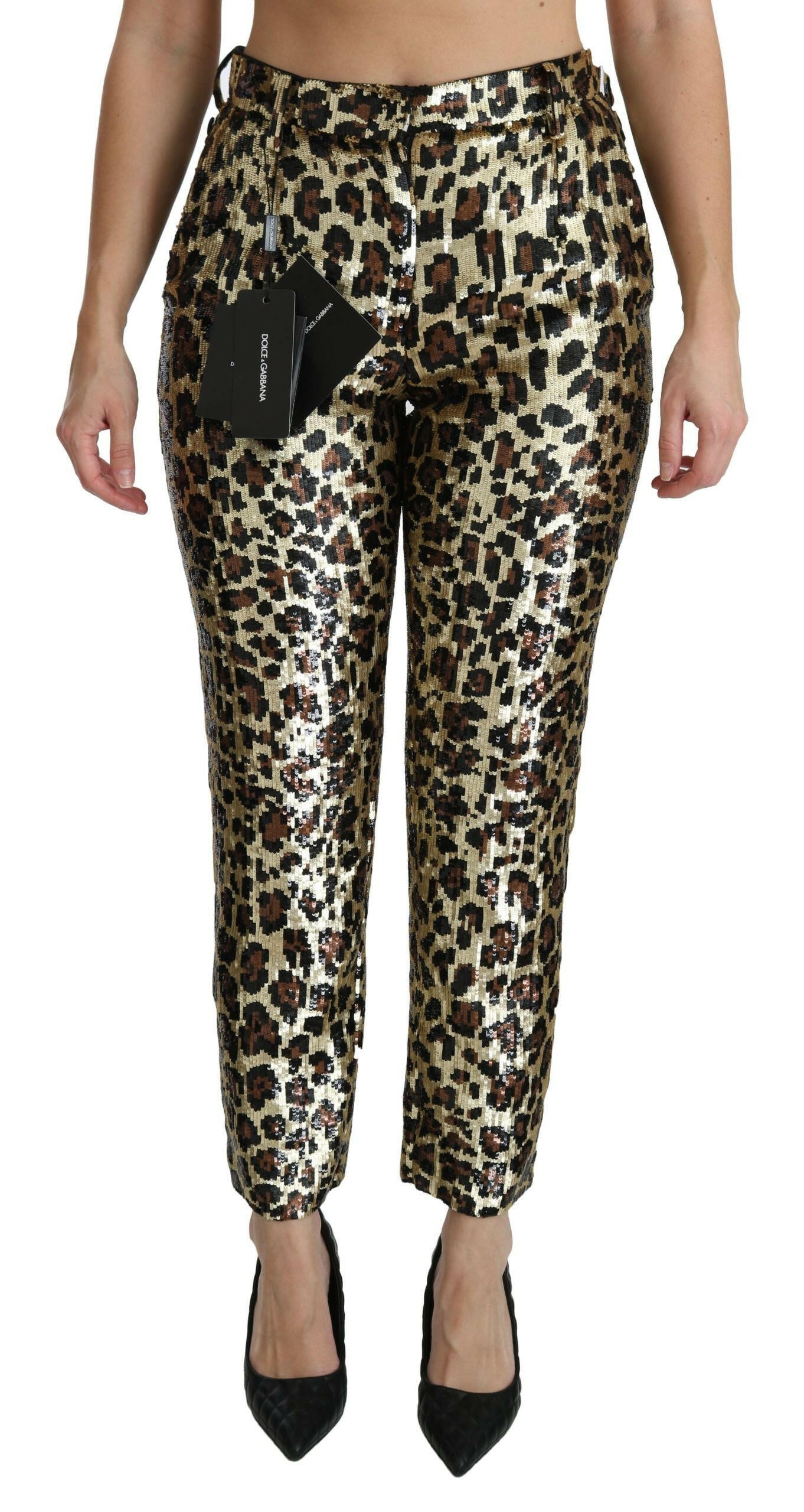 Dolce & Gabbana Brown Leopard Sequined High Waist Pants.