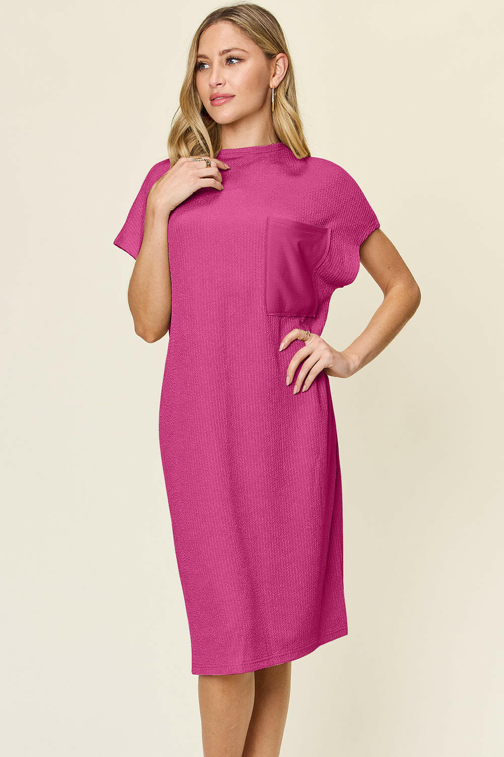 Double Take Full Size Texture Mock Neck Short Sleeve Dress.