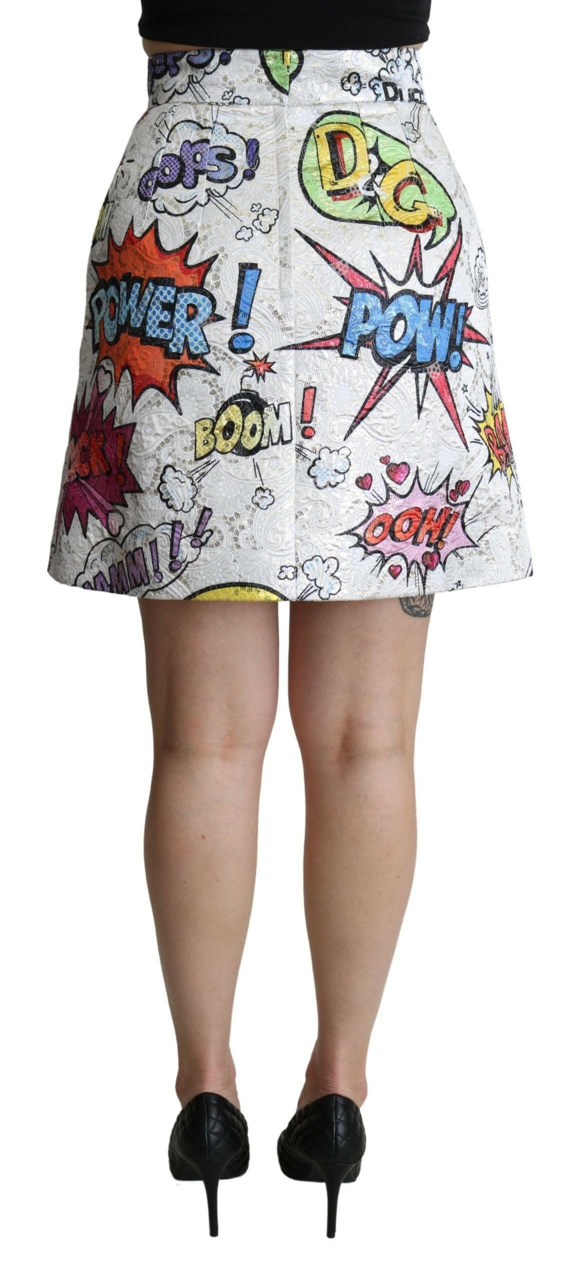 Dolce & Gabbana White Cartoon Brocade A-line High Waist Skirt.