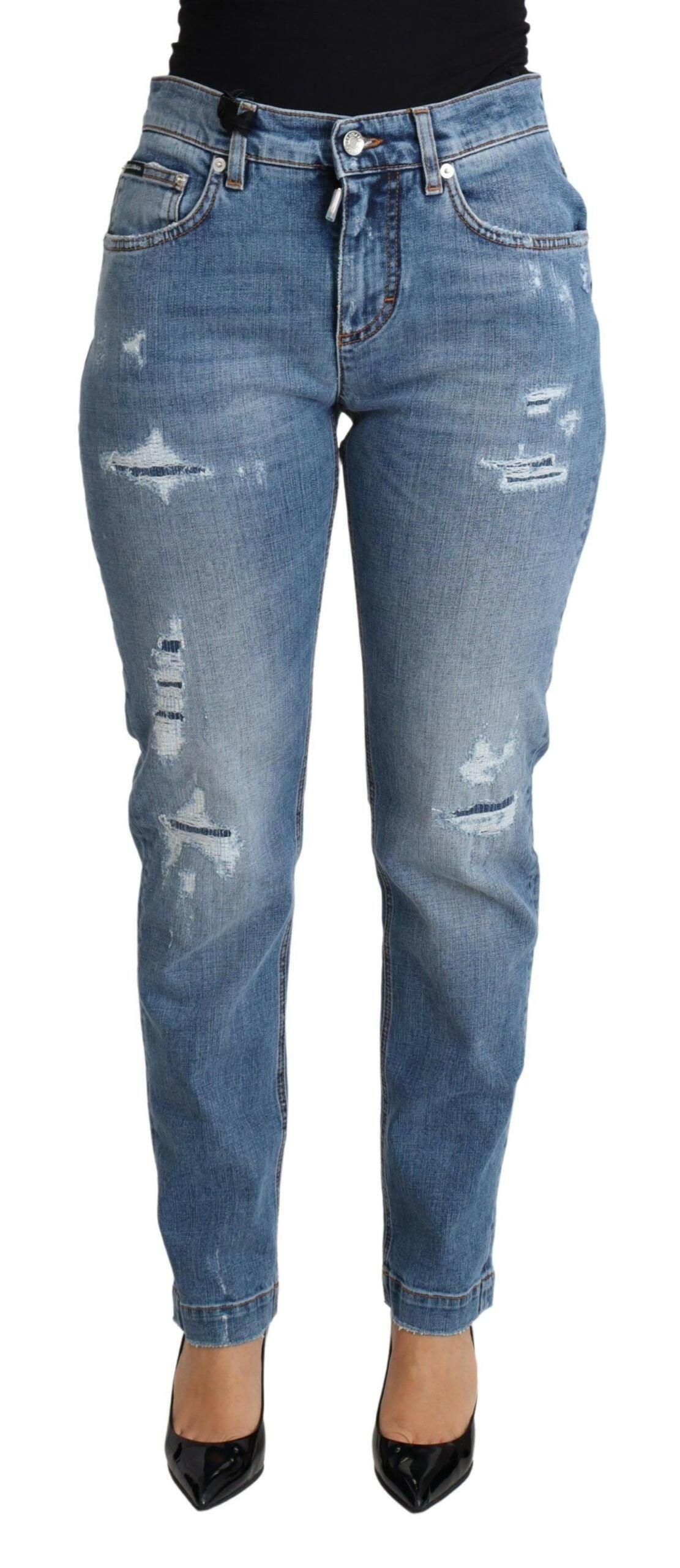 Dolce & Gabbana Blue Tattered Skinny Denim Cotton Blend Jeans.