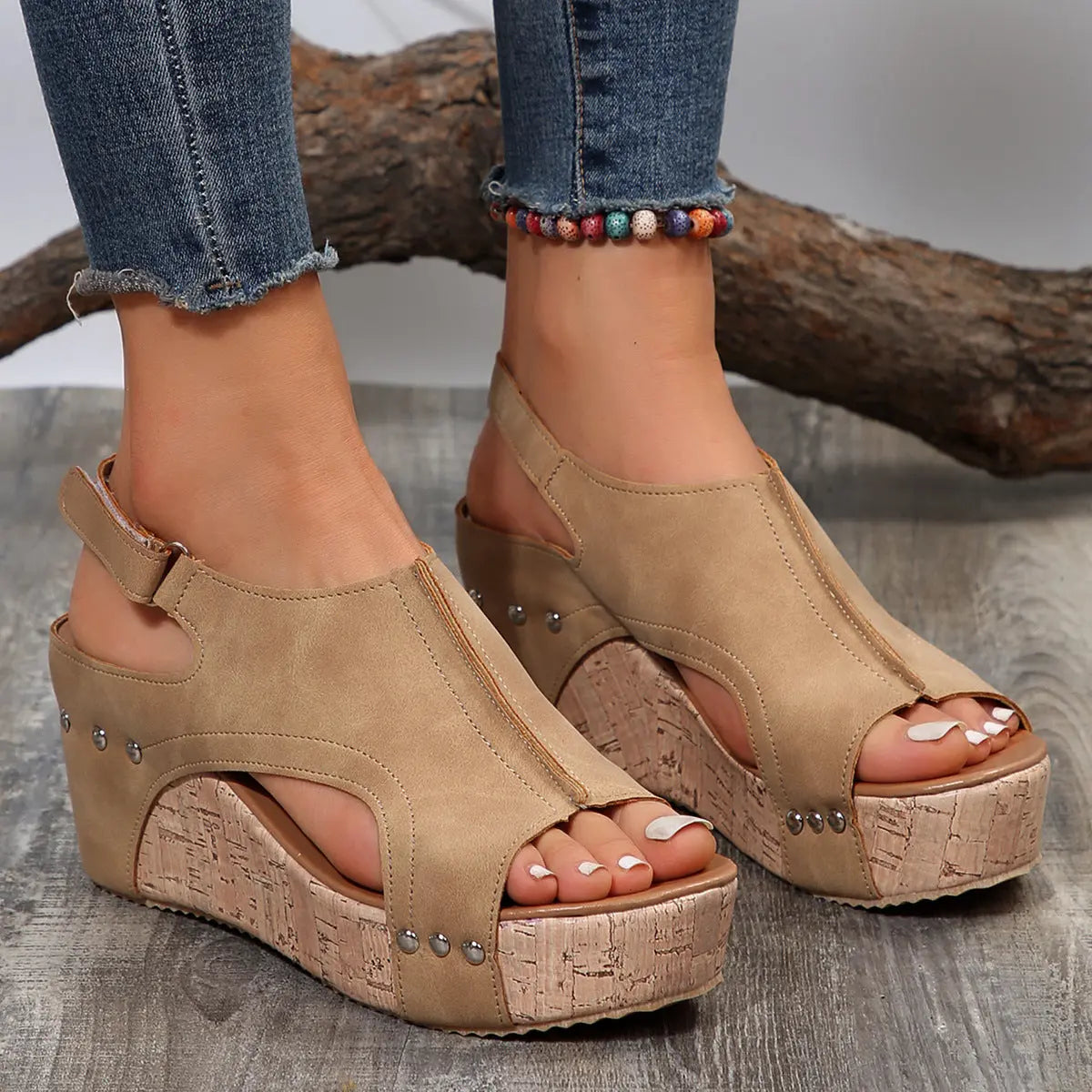 Women's Wedge Peep Toe Platform Rivet Sandals - MaraFormigone