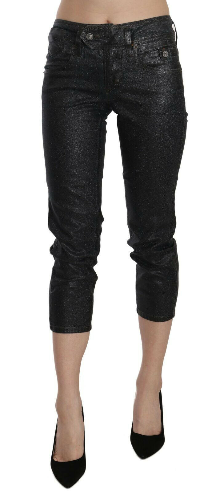 John Galliano Black Washed Mid Waist Slim Leg Cropped Denim Pants.