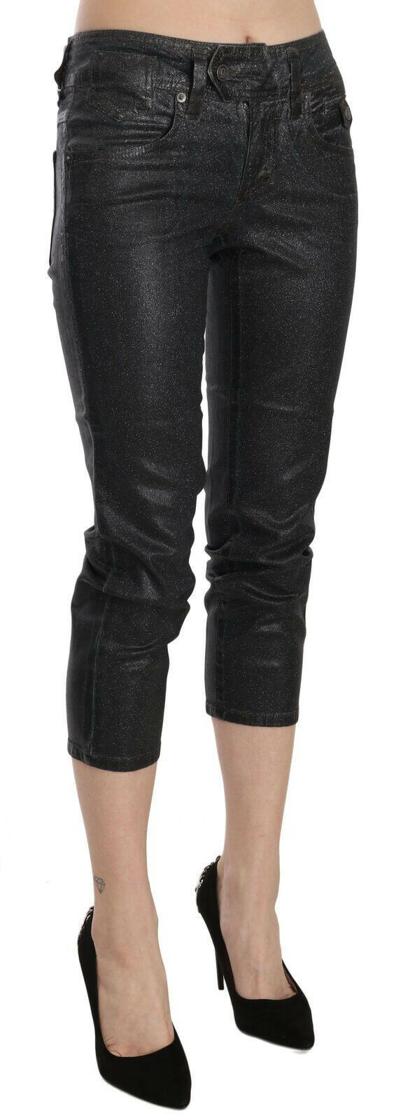 John Galliano Black Washed Mid Waist Slim Leg Cropped Denim Pants.