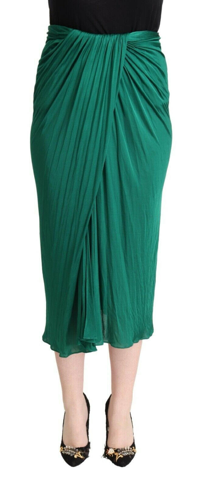 Dolce & Gabbana Dark Green High Waist Midi Pencil Cut Pleated Skirt.