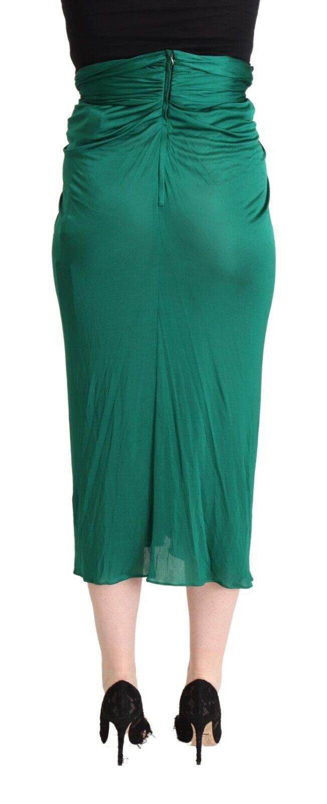 Dolce & Gabbana Dark Green High Waist Midi Pencil Cut Pleated Skirt Dolce & Gabbana