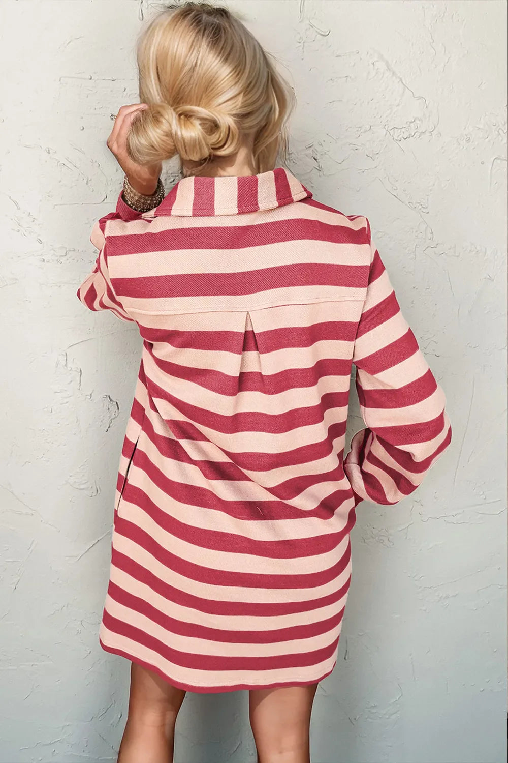 Double Take Full Size Striped Contrast Collared Neck Long Sleeve Dress.