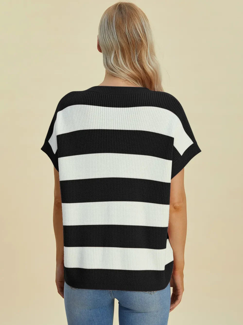 Double Take Full Size Striped V-Neck Short Sleeve Sweater.