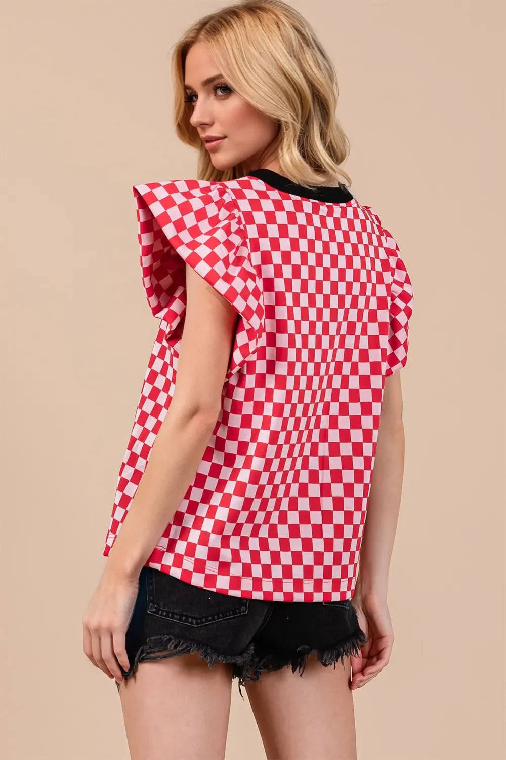 Oh Checkered Round Neck Puff Sleeve Blouse.