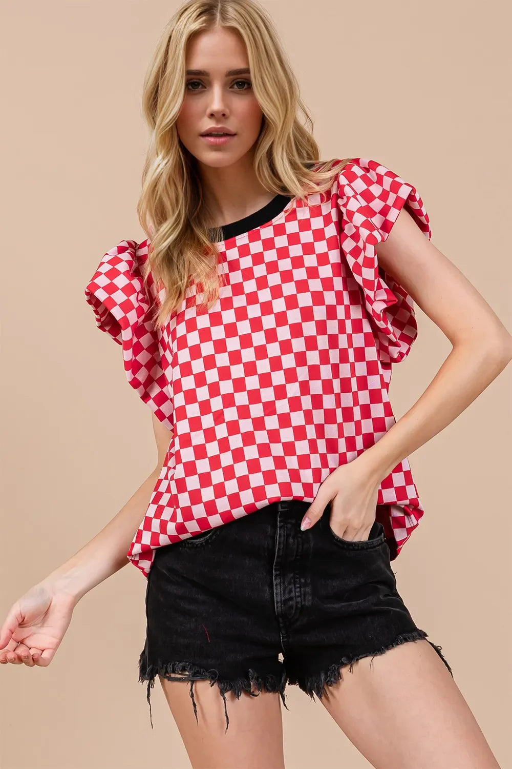 Oh Checkered Round Neck Puff Sleeve Blouse.