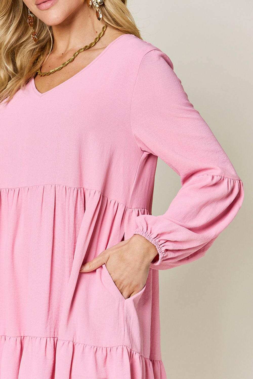 Double Take Full Size V-Neck Balloon Sleeve Tiered Dress.