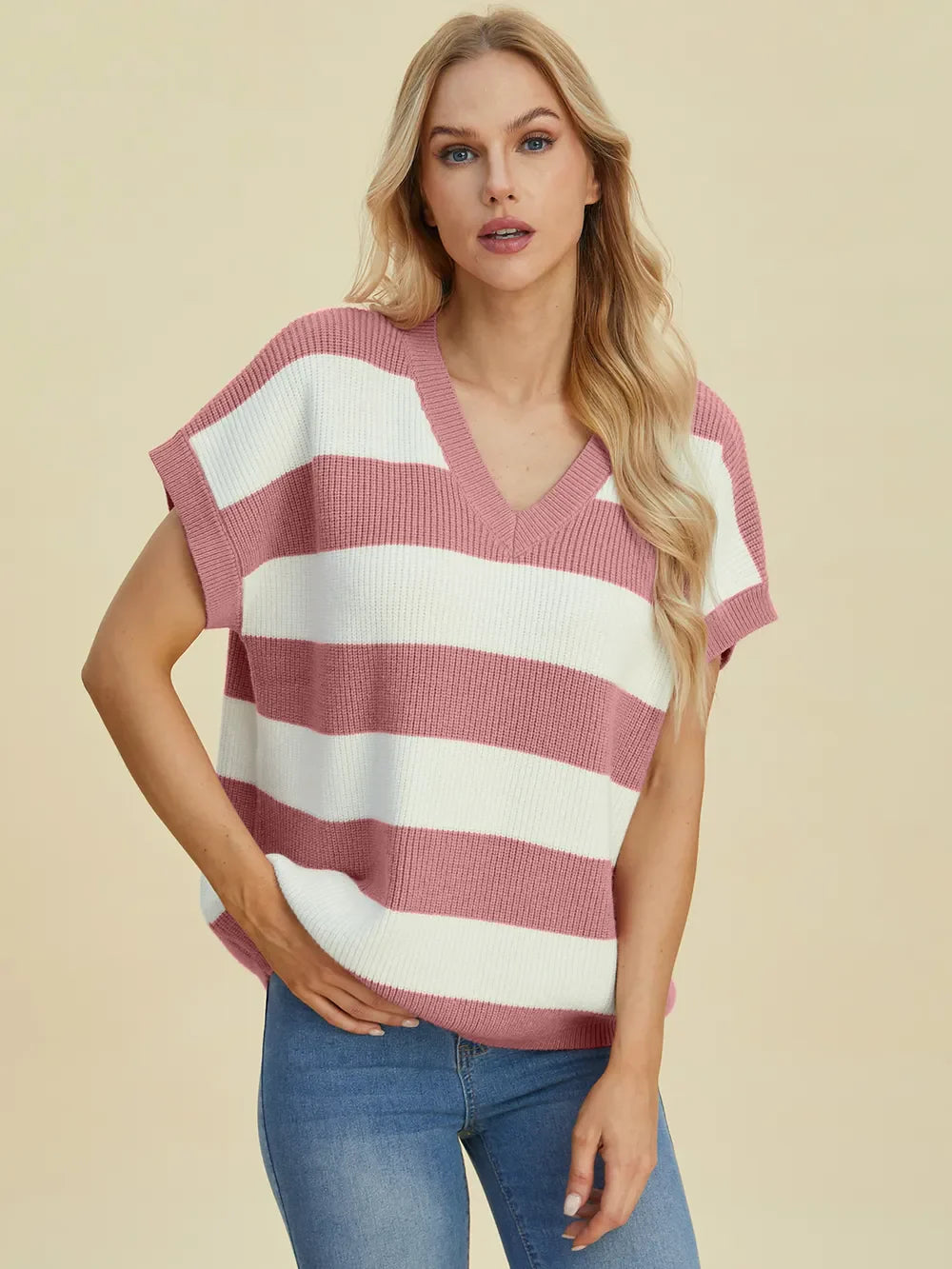 Double Take Full Size Striped V-Neck Short Sleeve Sweater.