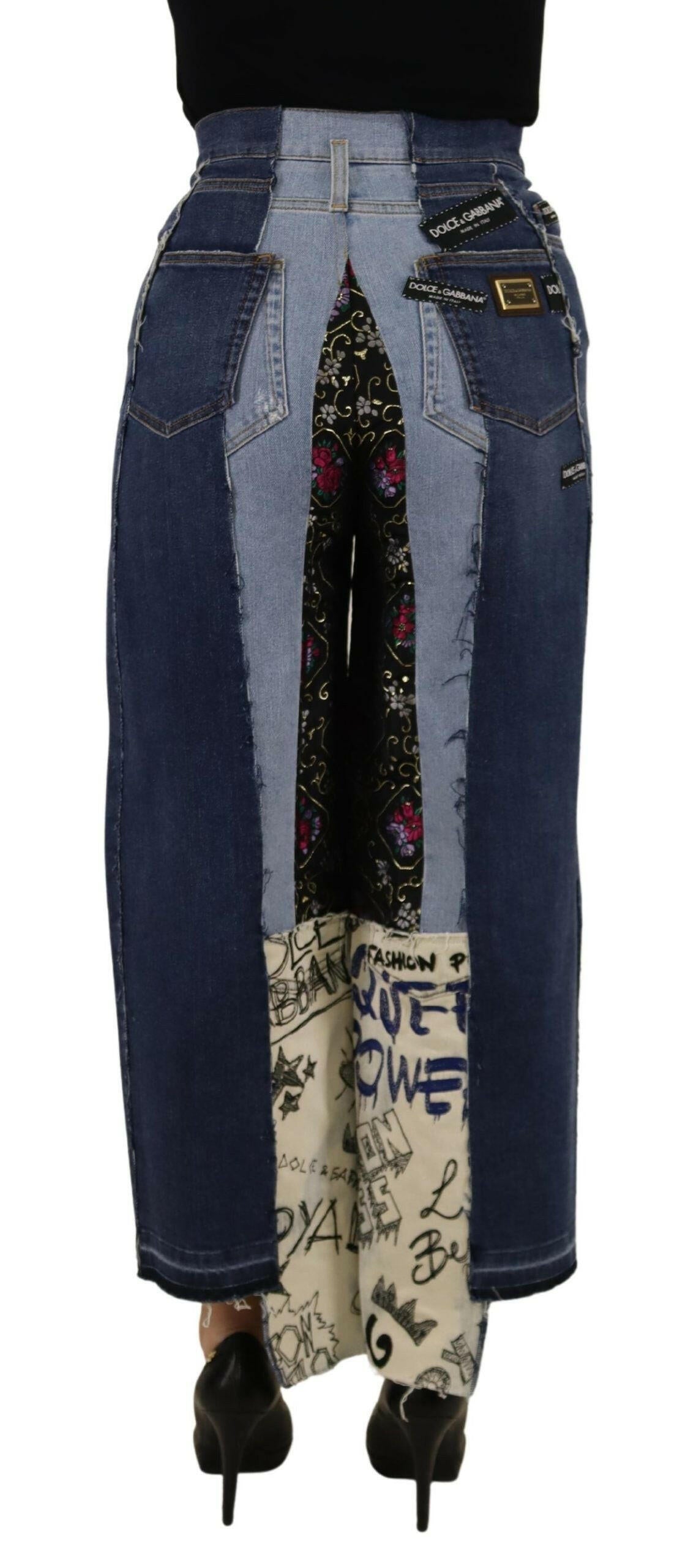 Dolce & Gabbana Multicolor Patchwork DG Fashion Wide Leg Denim Pant.